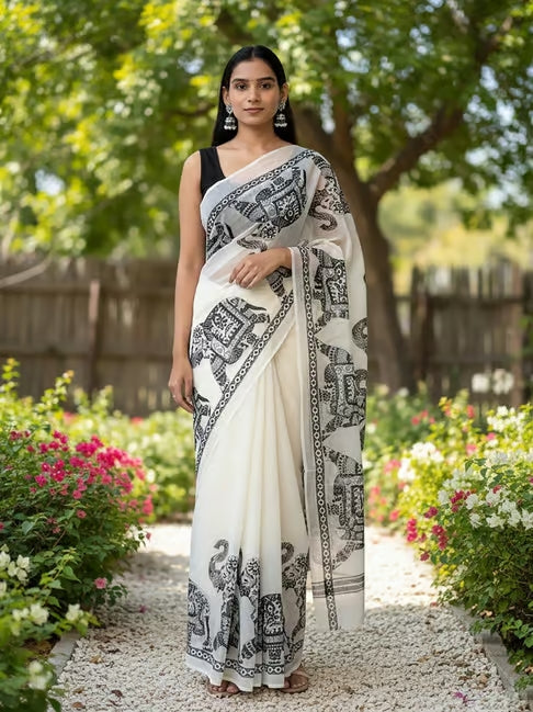White & Black Elephant Print Linen Cotton Saree