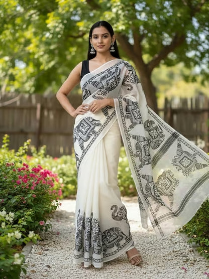 White & Black Elephant Print Linen Cotton Saree