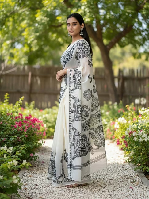 White & Black Elephant Print Linen Cotton Saree