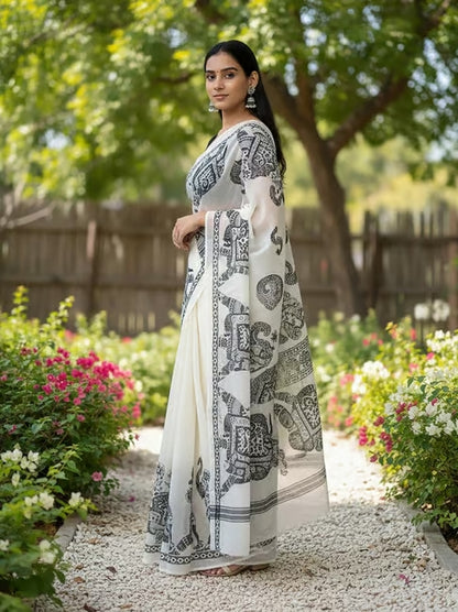 White & Black Elephant Print Linen Cotton Saree