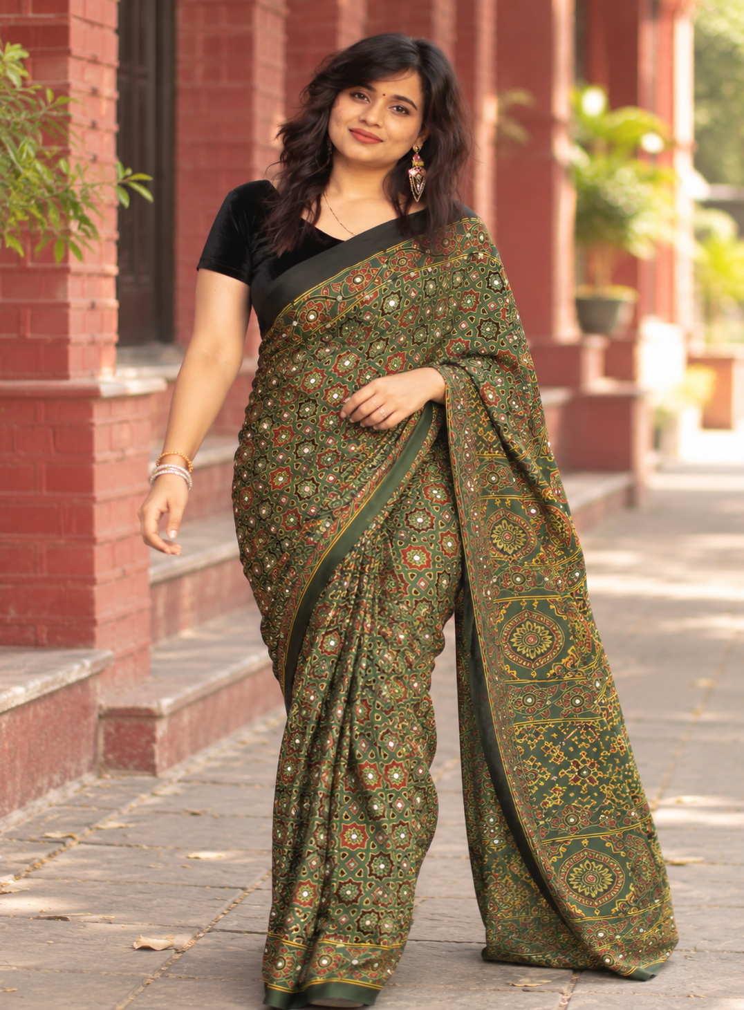 Emerald Green Ajrakh Gajji Silk Saree with Mirror Work