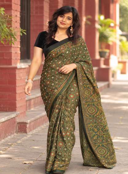 Emerald Green Ajrakh Gajji Silk Saree with Mirror Work
