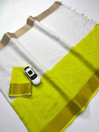Lime Green & White Linen Saree with Golden Zari Border
