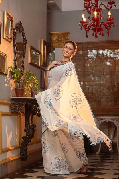 White Blue Floral Print Linen Cotton Saree
