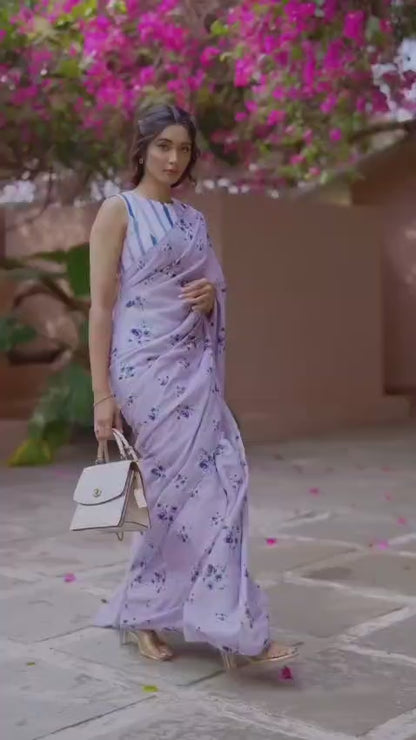 Lavender Floral Linen-Cotton Saree