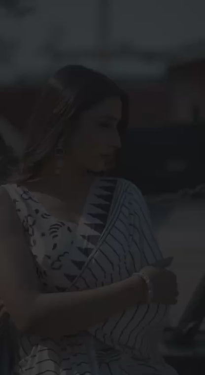 Monochrome Black & White Satin Designer Saree – Modern Geometric Party Wear Saree for Women