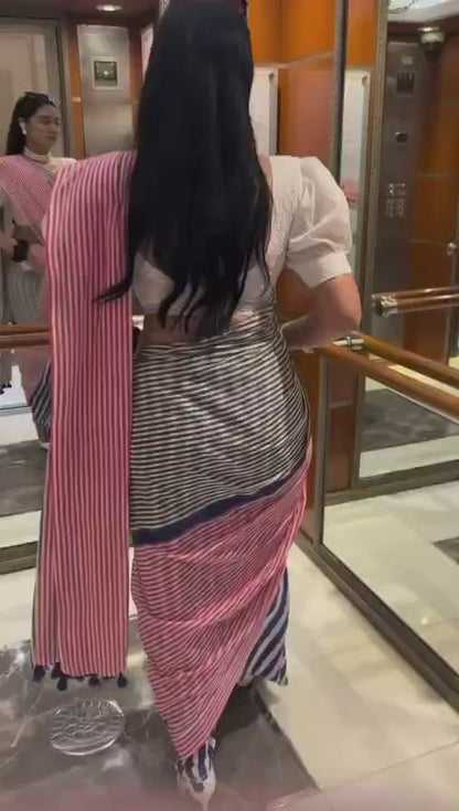Royal Blue & Ivory Linen Saree with Striped Design