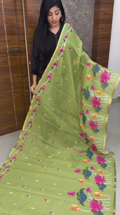 Light Green Linen Saree with Vibrant Lotus Prints