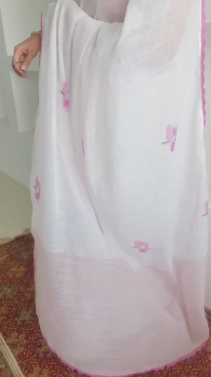 Off White Pink Lotus Linen Saree with Soft Floral Print