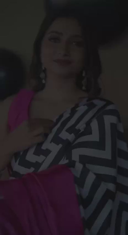 Hot Pink Satin Designer Saree with Black & White Chevron Pallu – Modern Party Wear Saree for Women