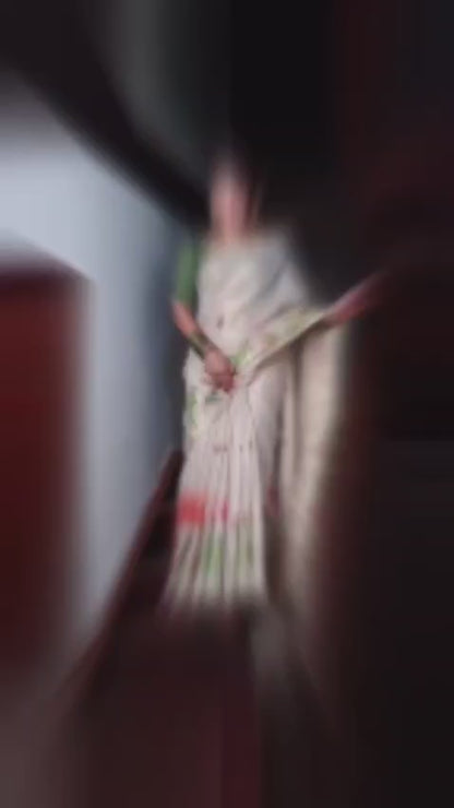 Off White Lotus Print Linen Saree with Elegant Floral Design
