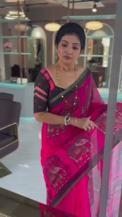 Hot Pink Linen Saree with Black Elephant Motif Print