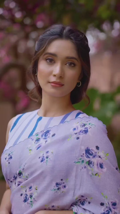 Lavender Floral Linen-Cotton Saree