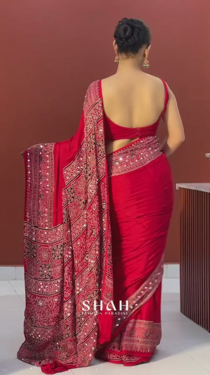 Red Ajrakh Gajji Silk Saree with Traditional Printed Border & Pallu