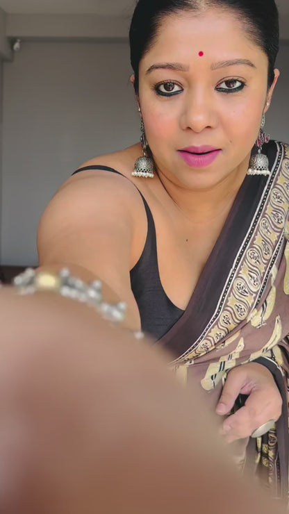 Brown Printed Soft Cotton Saree with Traditional Motifs