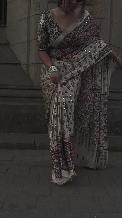 Cream Gajji Silk Premium Printed Designer Saree for Women