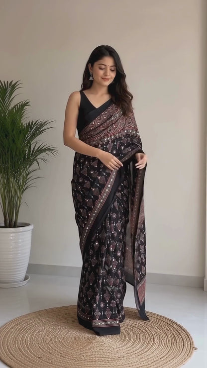 Black Gajji Silk with traditional motifs Designer Saree for Women