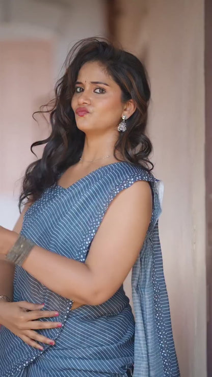 Indigo Blue Striped Linen Saree with Dotted Border