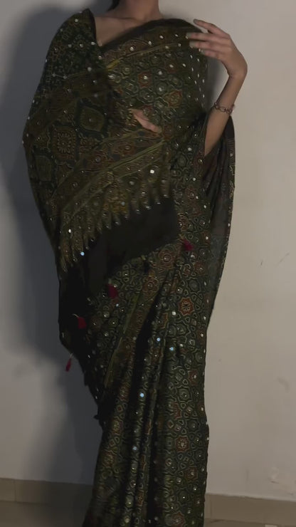 Emerald Green Ajrakh Gajji Silk Saree with Mirror Work