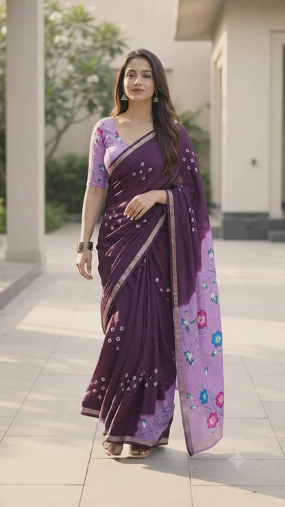 Elegant Purple Floral Printed Saree with Contrast Lavender Pallu