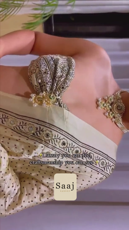 Ivory Modal Silk Saree Ajrakh Print Hand Set Mirrors