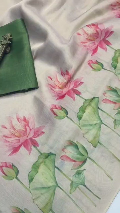 Off White Lotus Print Linen Saree with Elegant Floral Design
