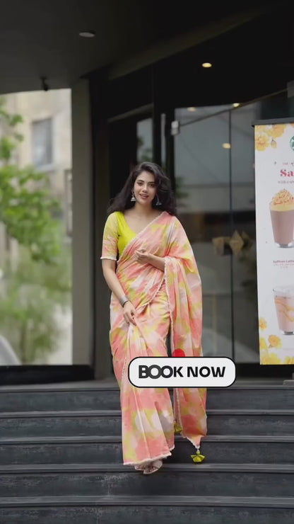 Peach Yellow Floral Linen Saree with Soft Pastel Print