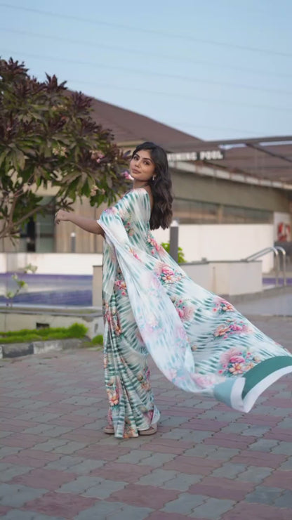 Pastel Blue Floral Printed Saree  Soft Elegant Designer Saree for Party, Festive & Casual Wear