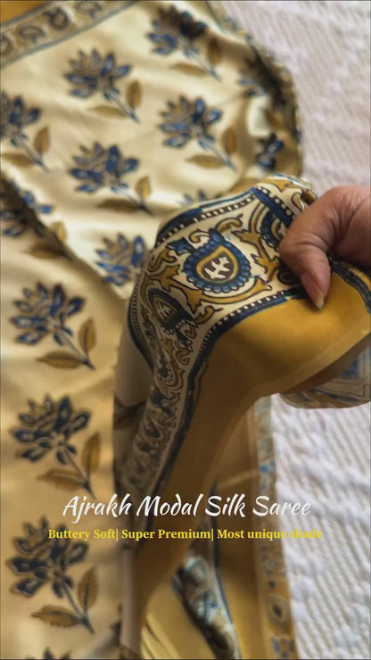 Cream & Blue Ajrakh Modal Silk Saree Traditional Printed Soft Saree with Mustard Border