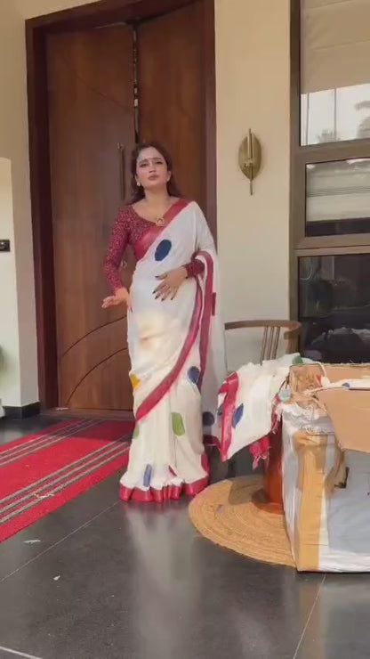 White and Red Linen Polka Dot Saree