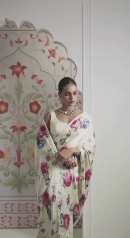 Ivory Floral Printed Saree with Elegant Soft Fabric Premium Party Wear & Designer Ethnic Saree for Women