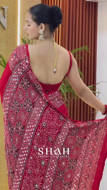 Red Ajrakh Gajji Silk Saree with Traditional Printed Border & Pallu