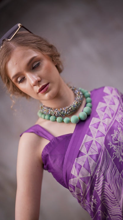 Purple Geometric Printed Designer Satin Saree – Elegant Contemporary Party Wear Saree for Women
