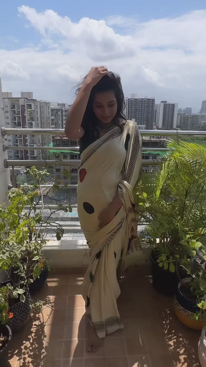 Cream Multicolor Polka Printed Soft Satin Saree with Teal Blouse