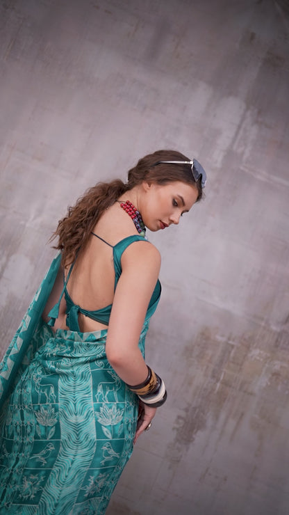 Teal Blue Traditional Printed Satin Saree – Elegant Festive & Party Wear Designer Saree for Women
