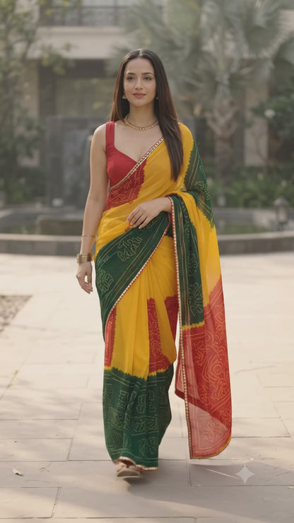 Vibrant Yellow, Red & Green Bandhani Printed Saree for Women