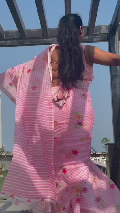 Pink Gingham Linen Saree with Floral Prints
