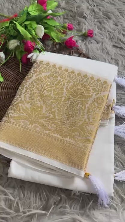 Onam White Linen Saree with Golden Border