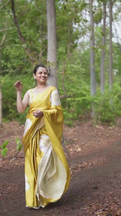 Sunshine Yellow Satin Floral Designer Saree – Elegant Casual & Festive Wear Saree for Women