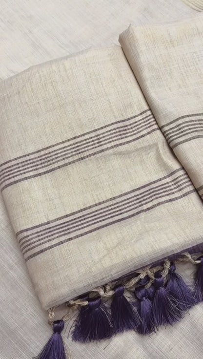 Off-White Linen Saree with Red Border
