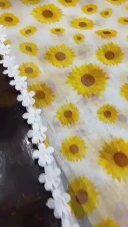 White and Yellow Linen Saree with Sunflower Print and Lace Border