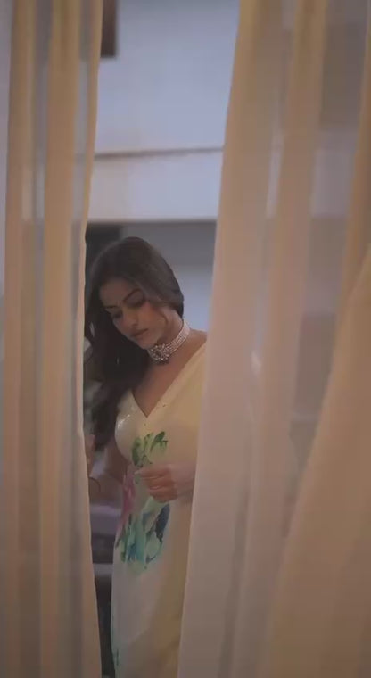 Cream Floral Printed Saree with Soft Pastel Design – Elegant Party, Day & Summer Wear Saree for Women
