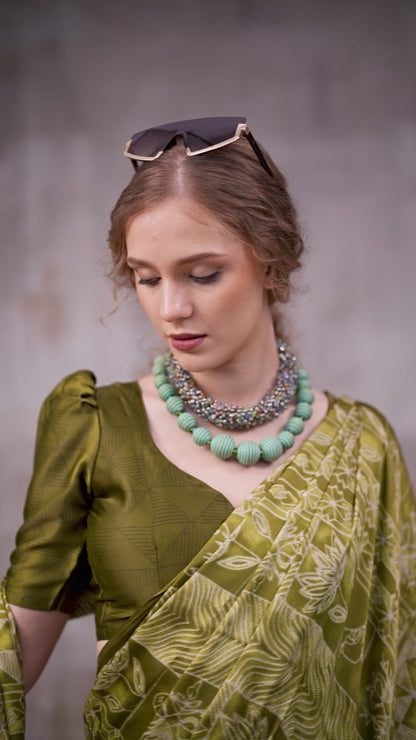 Olive Green Traditional Printed Satin Saree – Elegant Festive & Party Wear Designer Saree for Women