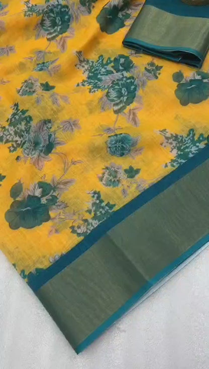 Mustard Yellow and Teal Green Linen Saree with Floral Print and Elegant Pallu
