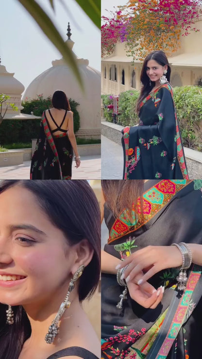 Royal Noir Black Satin Heritage Printed Saree – Luxury Designer Festive & Wedding Wear Saree for Women