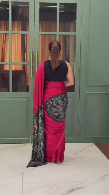 Red & Black Gajji Silk Saree with Bandhani Inspired Border