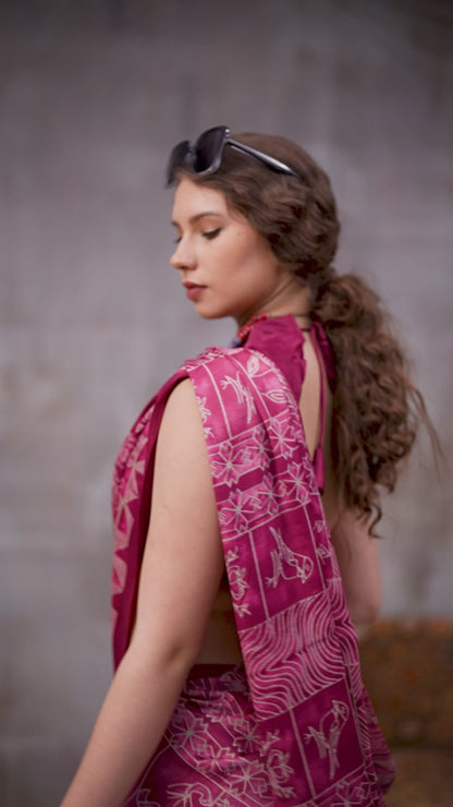 Wine Pink Traditional Printed Satin Saree – Elegant Festive & Party Wear Designer Saree for Women