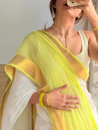 Lime Green & White Linen Saree with Golden Zari Border