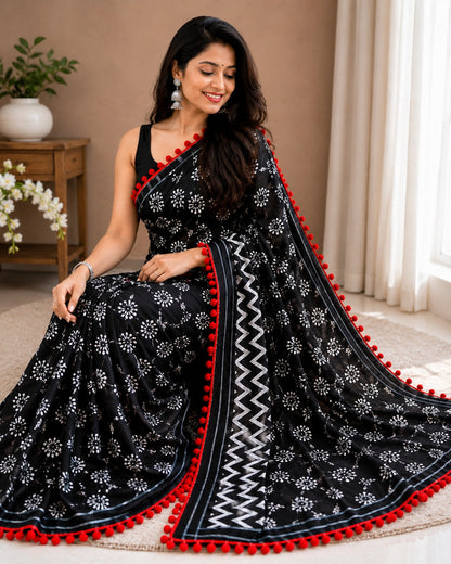 Black and White Floral Print Saree with Red Pom-Pom Lace