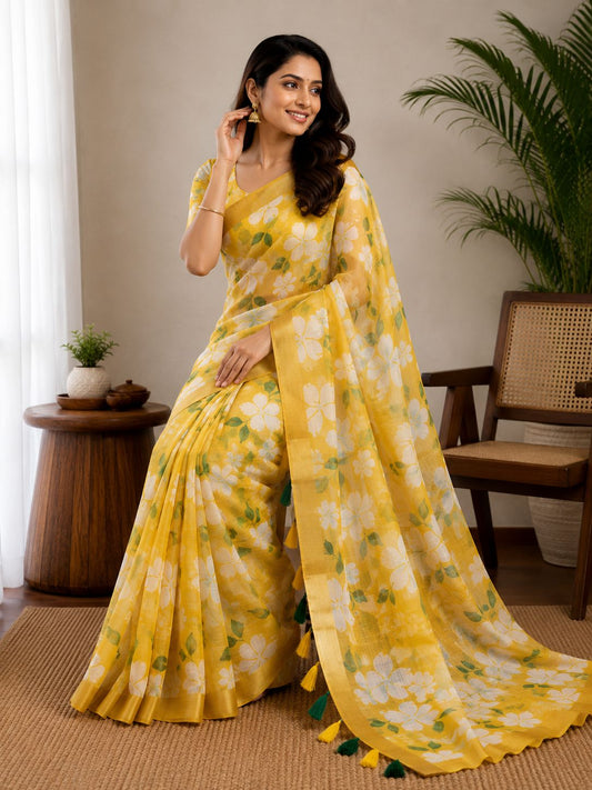 Vibrant Yellow Floral Saree with Tassel Detail
